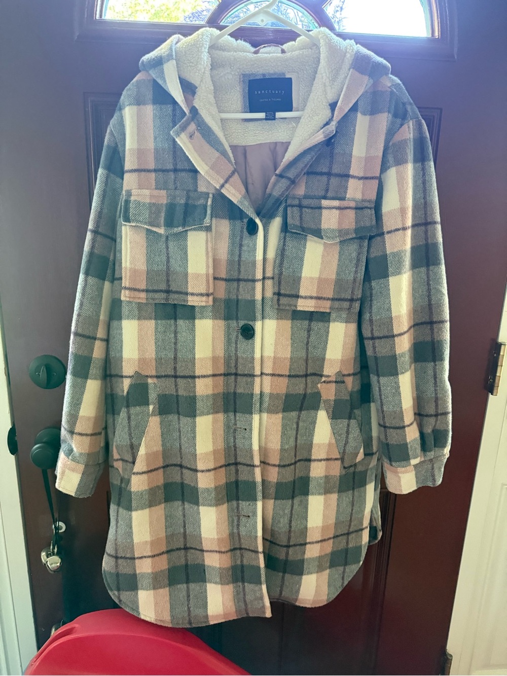 Sanctuary Plaid Teddy Hooded Coat in Pink & Gray